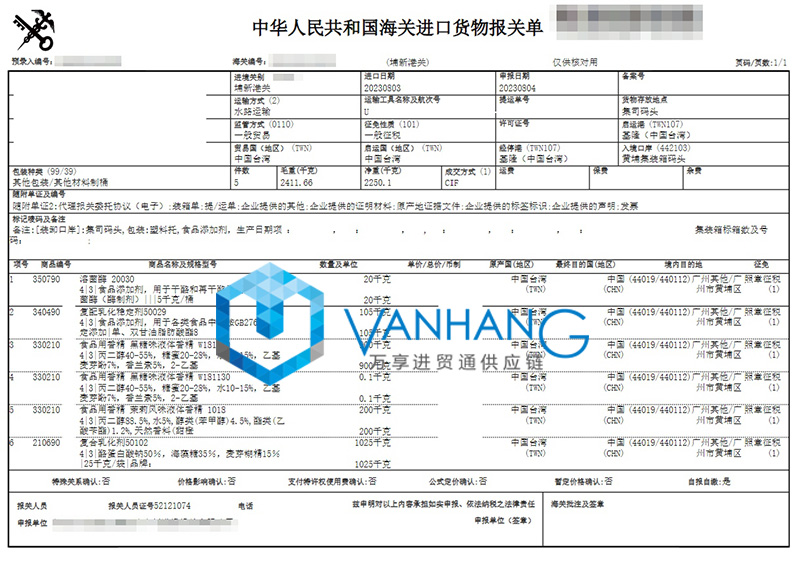 臺灣食品用香精進(jìn)口報(bào)關(guān)資料